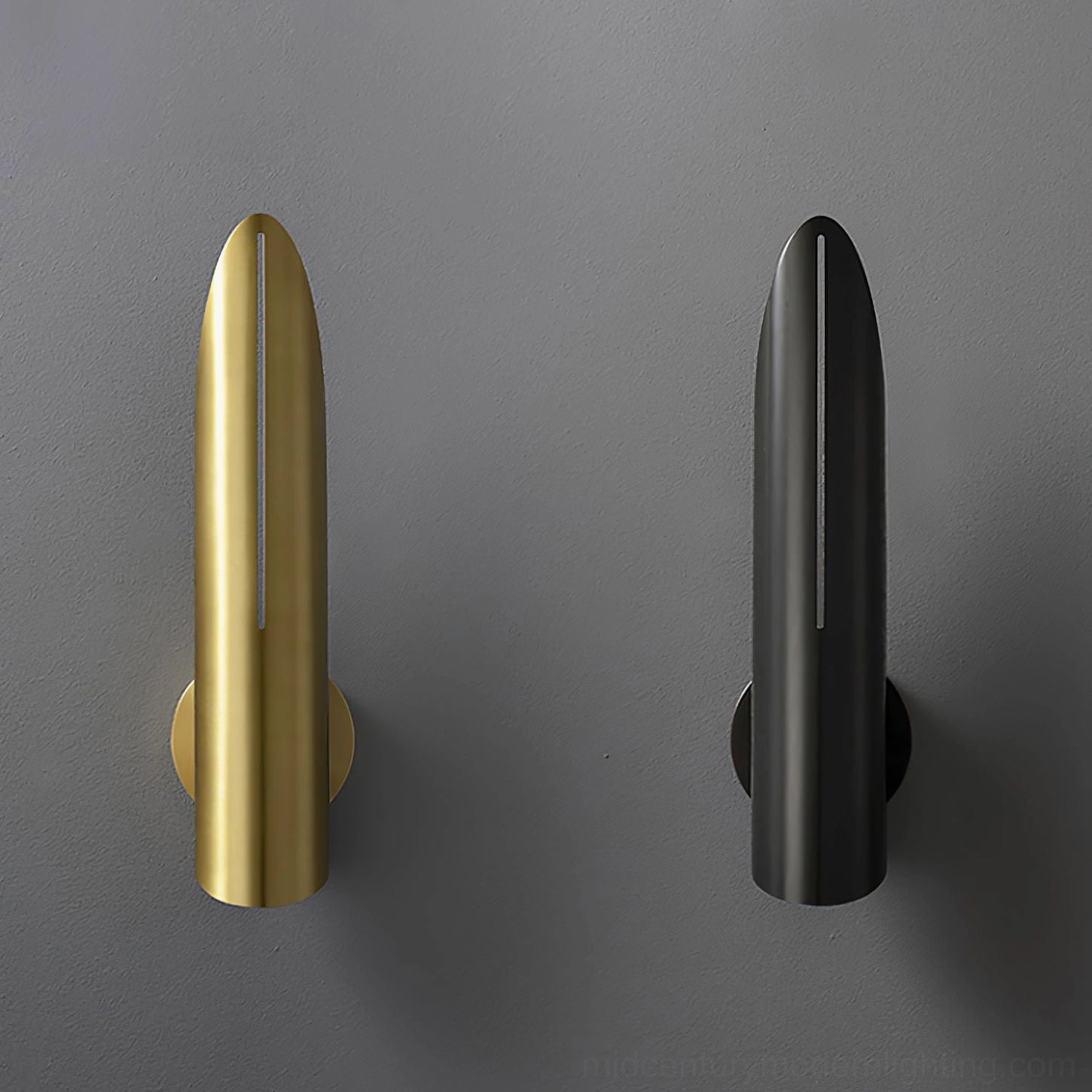 Pair of Salvatore brass and black wall sconces matching minimalist light set on grey wall background