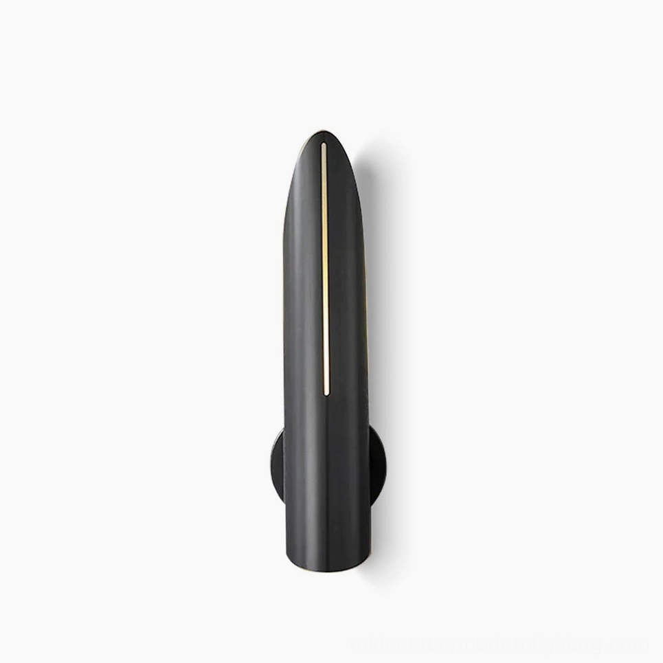 Pair of Salvatore matte black mid-century modern wall sconces with cylindrical metal arms on white studio background