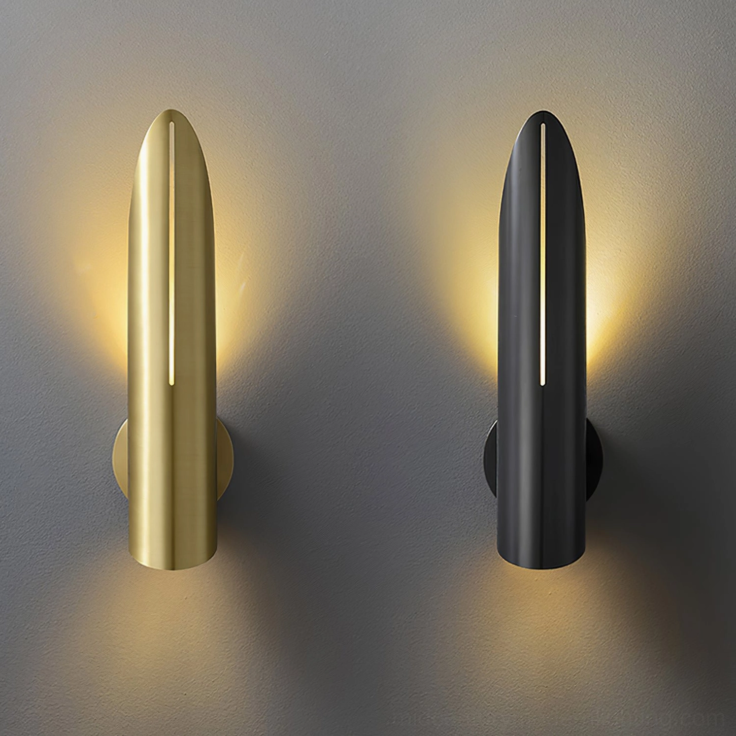 Salvatore brass and black wall sconces contemporary minimalist lighting fixtures on grey studio wall