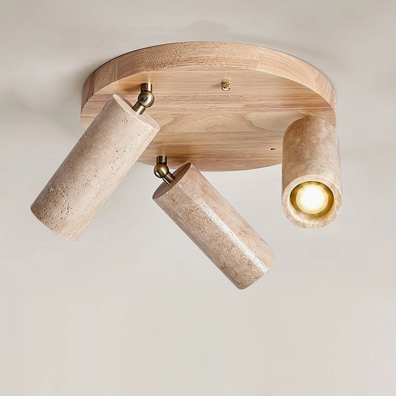 Sandia 3-head ceiling spotlight with light natural wood base and beige travertine stone heads front facing