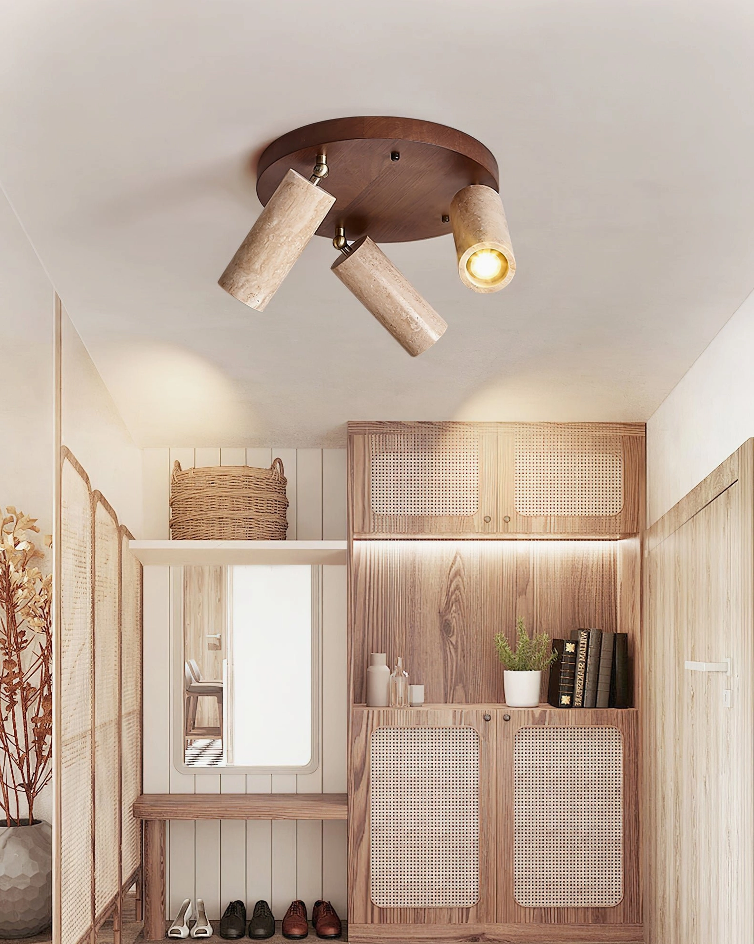 Sandia ceiling spotlight installed in Japanese-style entryway with shoe storage and woven cabinet accents warm ambient glow