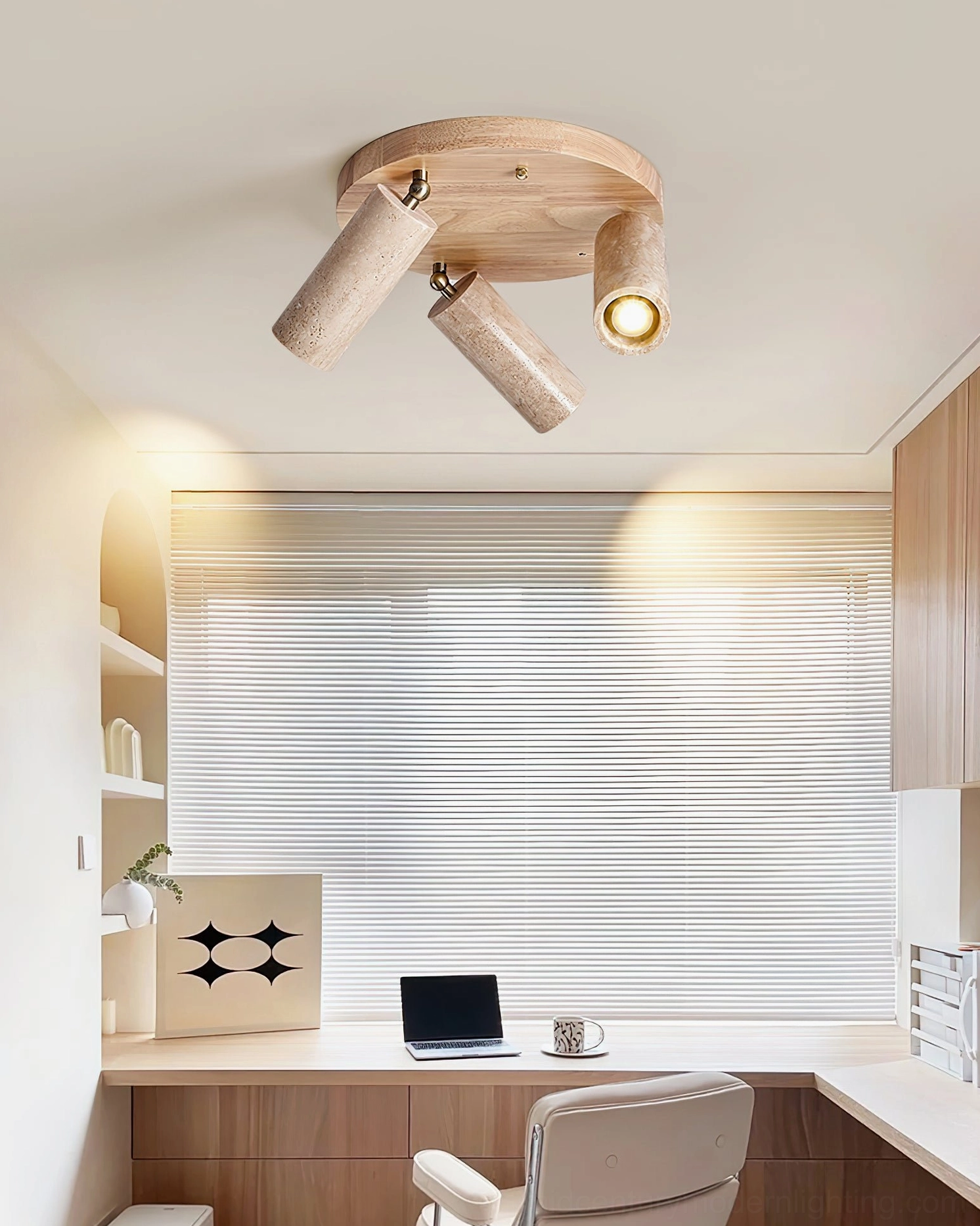 Sandia ceiling light in minimalist home office with light wood base and natural wabi-sabi aesthetic near window blinds