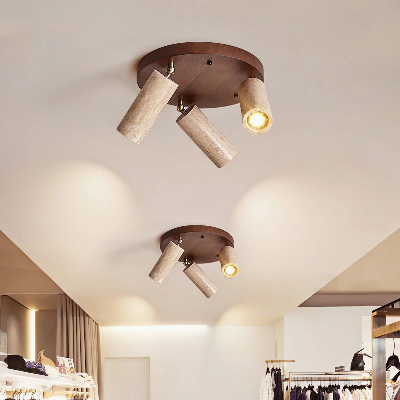 Two Sandia ceiling spotlights with adjustable heads in boutique minimalist dressing room overhead view