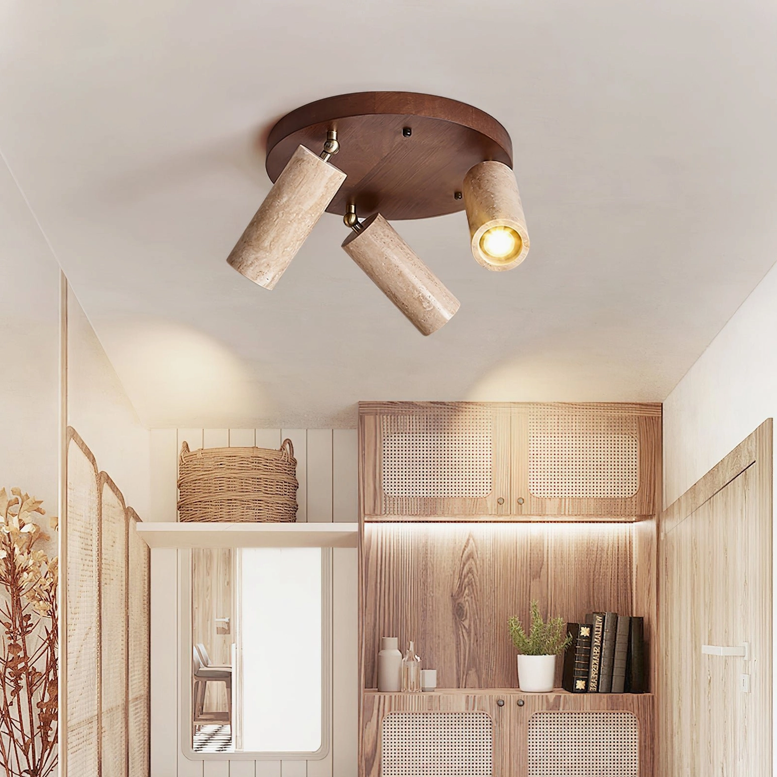 Sandia ceiling spotlight installed in Japanese-style entry closet creating warm ambient wabi-sabi lighting