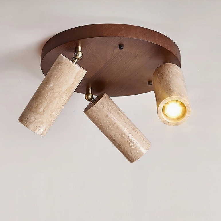 Sandia ceiling spotlight with walnut wood base and beige travertine adjustable lamp heads product showcase