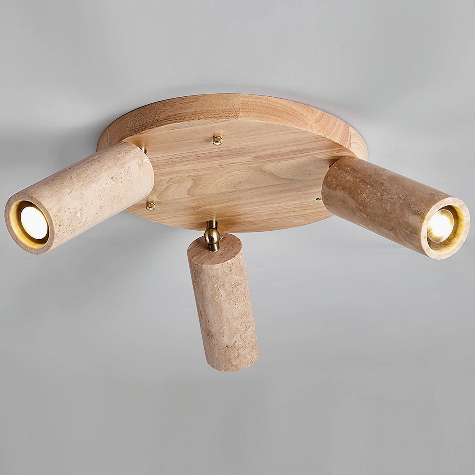 Sandia adjustable ceiling spotlight with travertine stone heads and wood base minimalist design detail