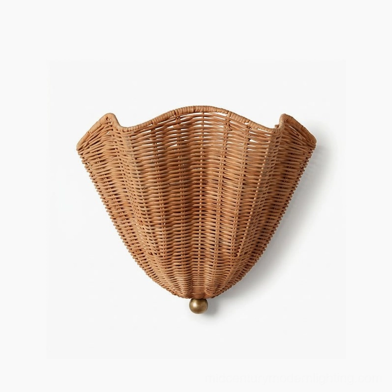 Sarasota rattan wall sconce product shot showing complete fixture, natural brown finish, scale reference