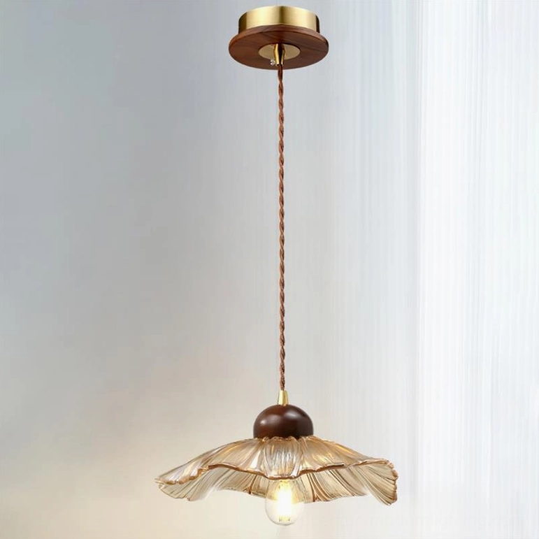 Scalloped amber glass pendant lamp walnut cognac color finish mid-century