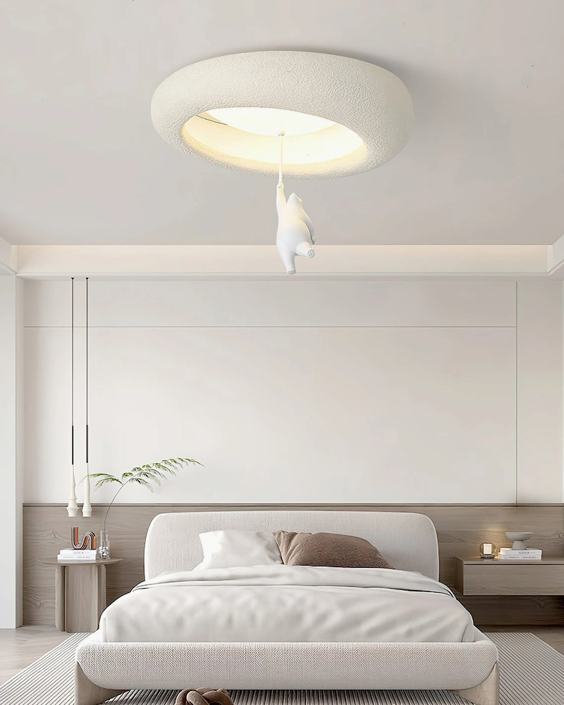 Nordic-inspired bear pendant light in minimalist bedroom with contemporary pendant fixtures