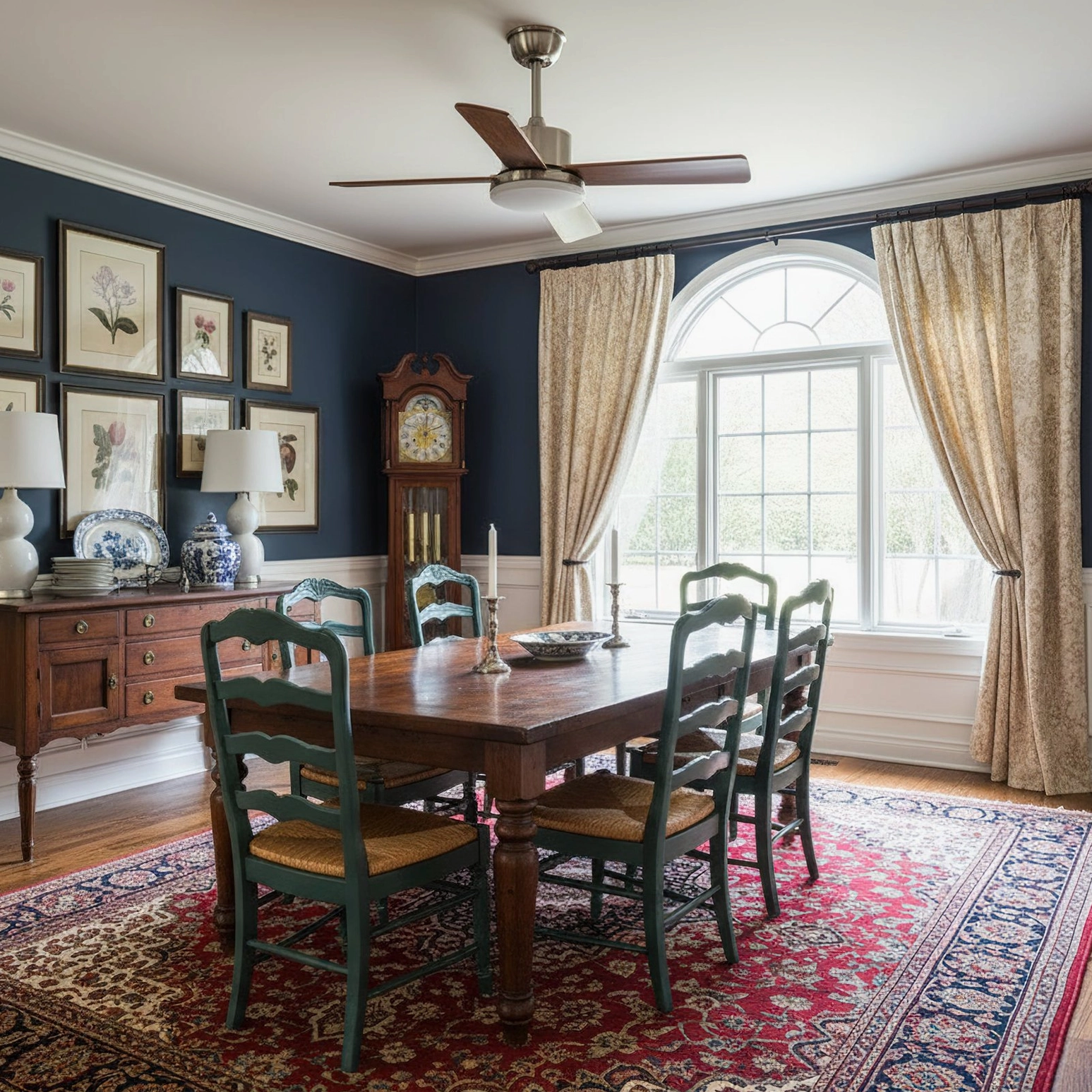 Minimalist ceiling fan light in formal retro dining room with dark blue accent wall and vintage grandfather clock