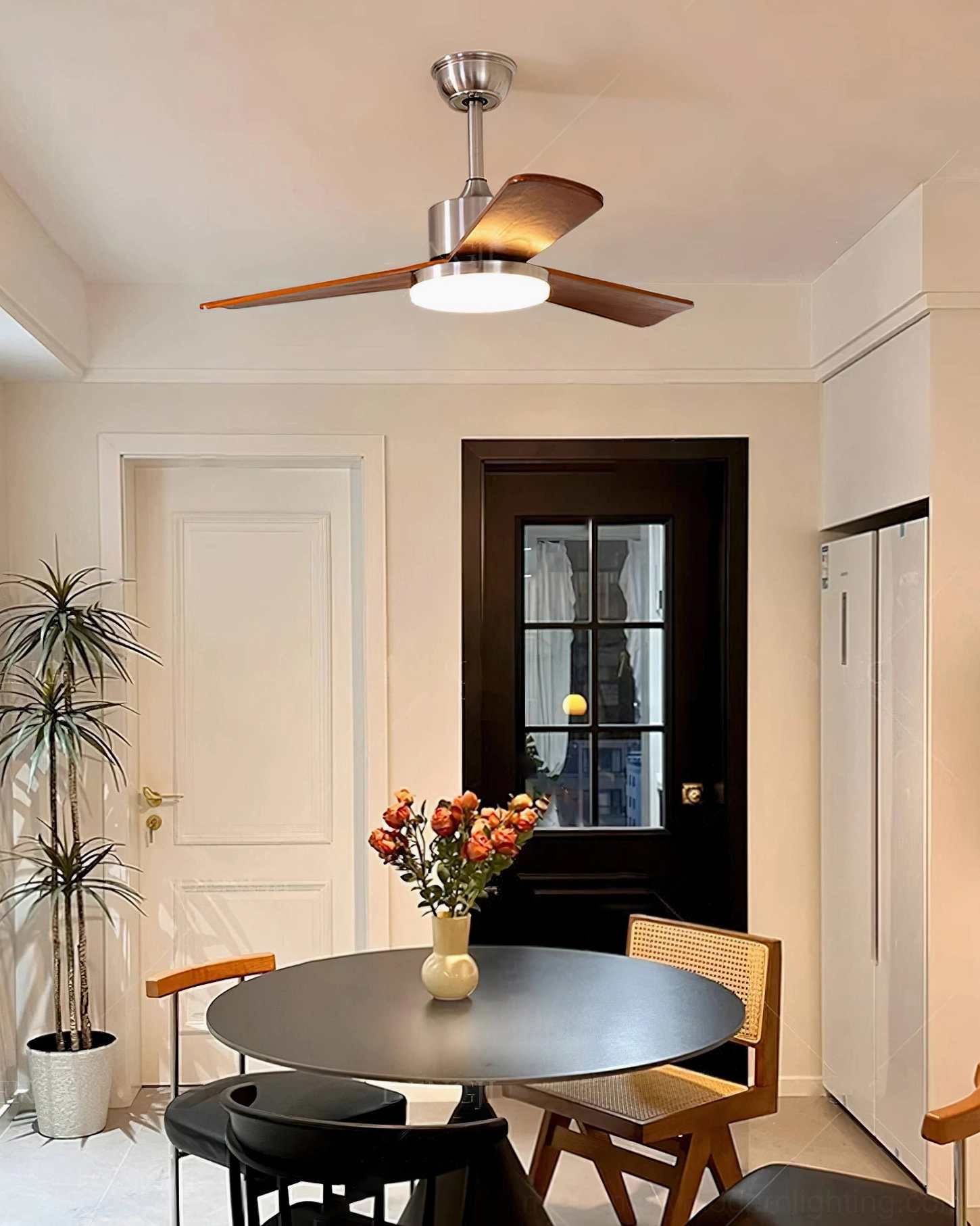 Scandinavian ceiling fan light with remote control, brushed metal finish and walnut wood blades, three-color LED capability
