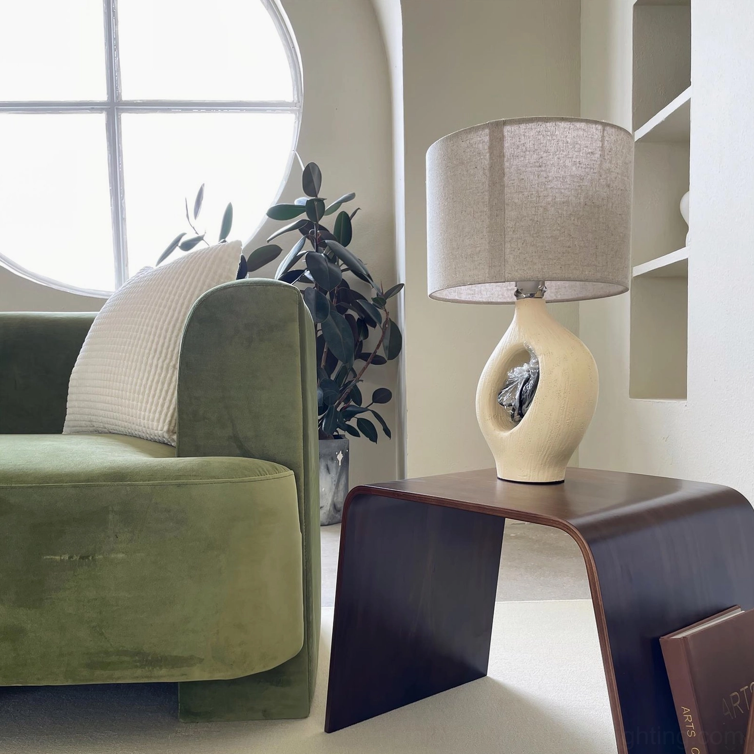Scandinavian craft inspired table lamp with hollow resin base, Japanese wabi-sabi aesthetic influence