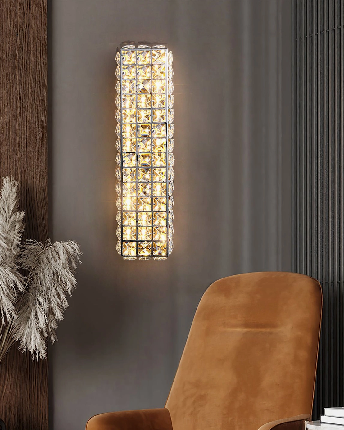 LED wall sconce in modern living room with leather chair and botanical home styling