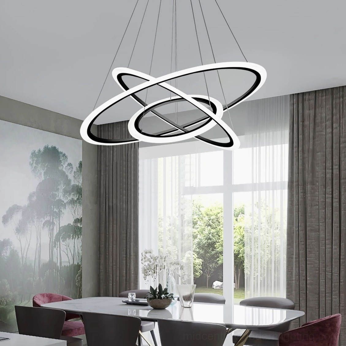 Modern sculptural ring chandelier with polished black aluminum finish and precisely coiled concentric rings