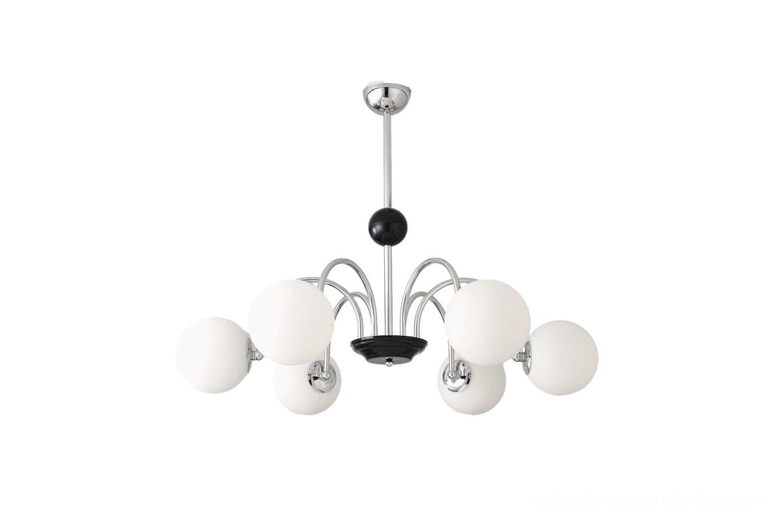 Modern glass globe chandelier with sculptural metal frame and frosted white shades
