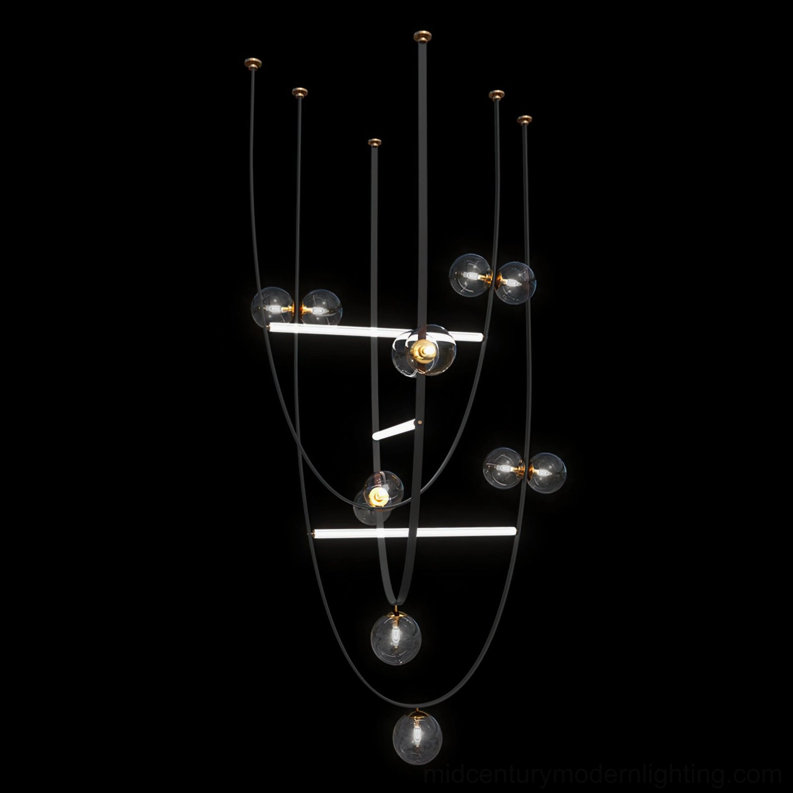 Full product view of sculptural leather ball pendant chandelier with multiple glass orbs and linear LED configuration