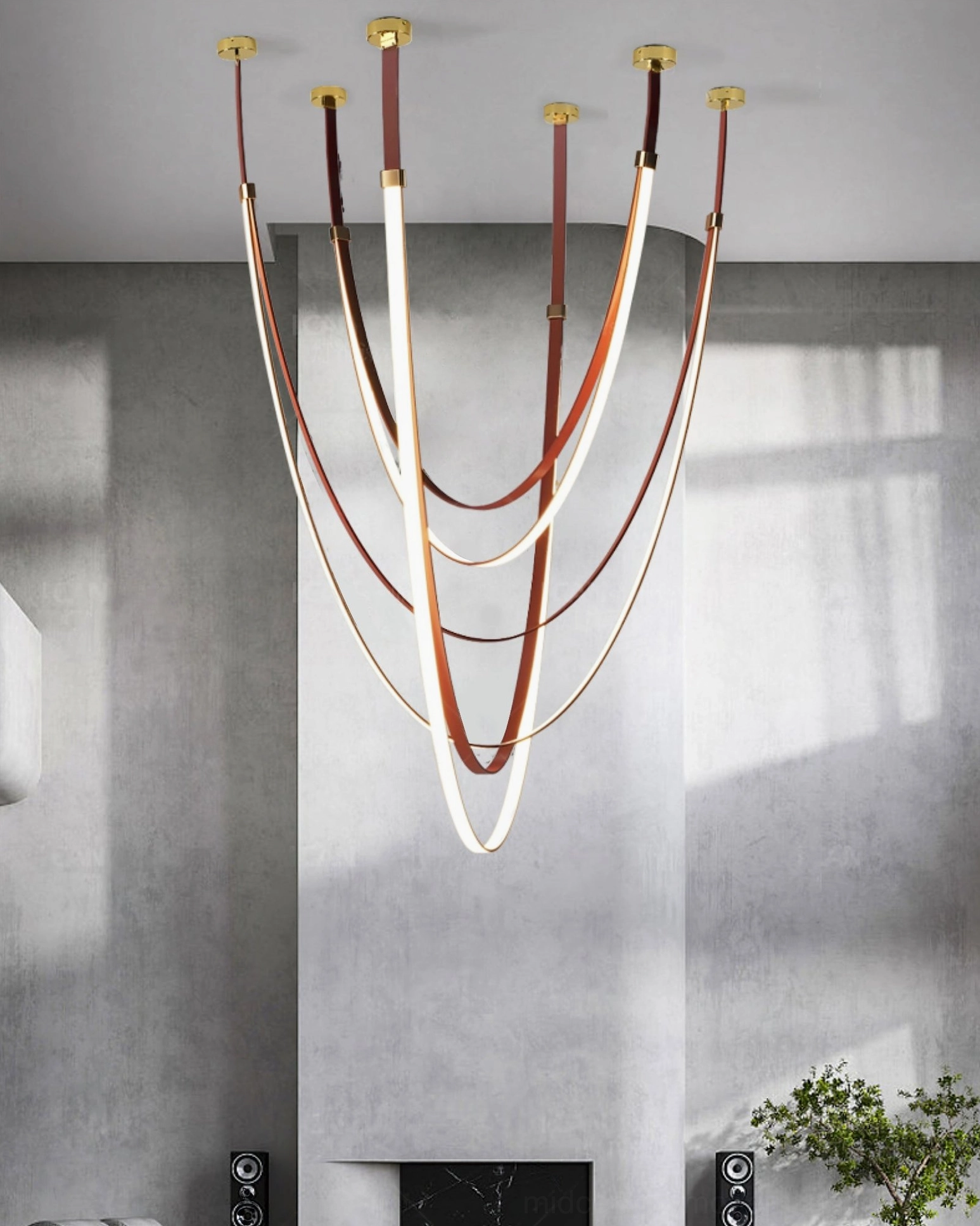 Sculptural leather pendant light showing organic curved form and artisanal design details