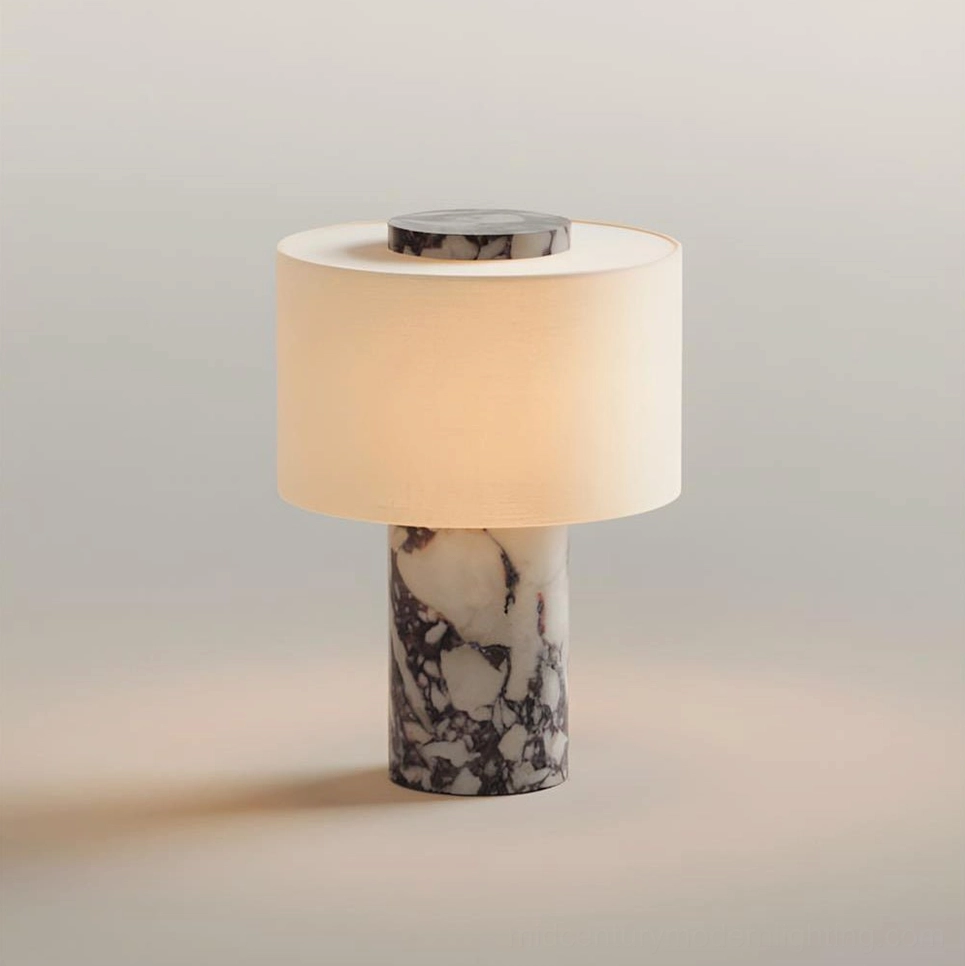 Bulgari red marble base cylinder with black veining and white drum shade Sediment lamp