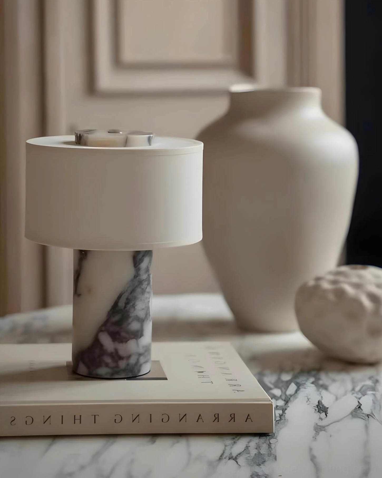 Bulgari red marble Sediment cordless table lamp as statement piece in eclectic interior