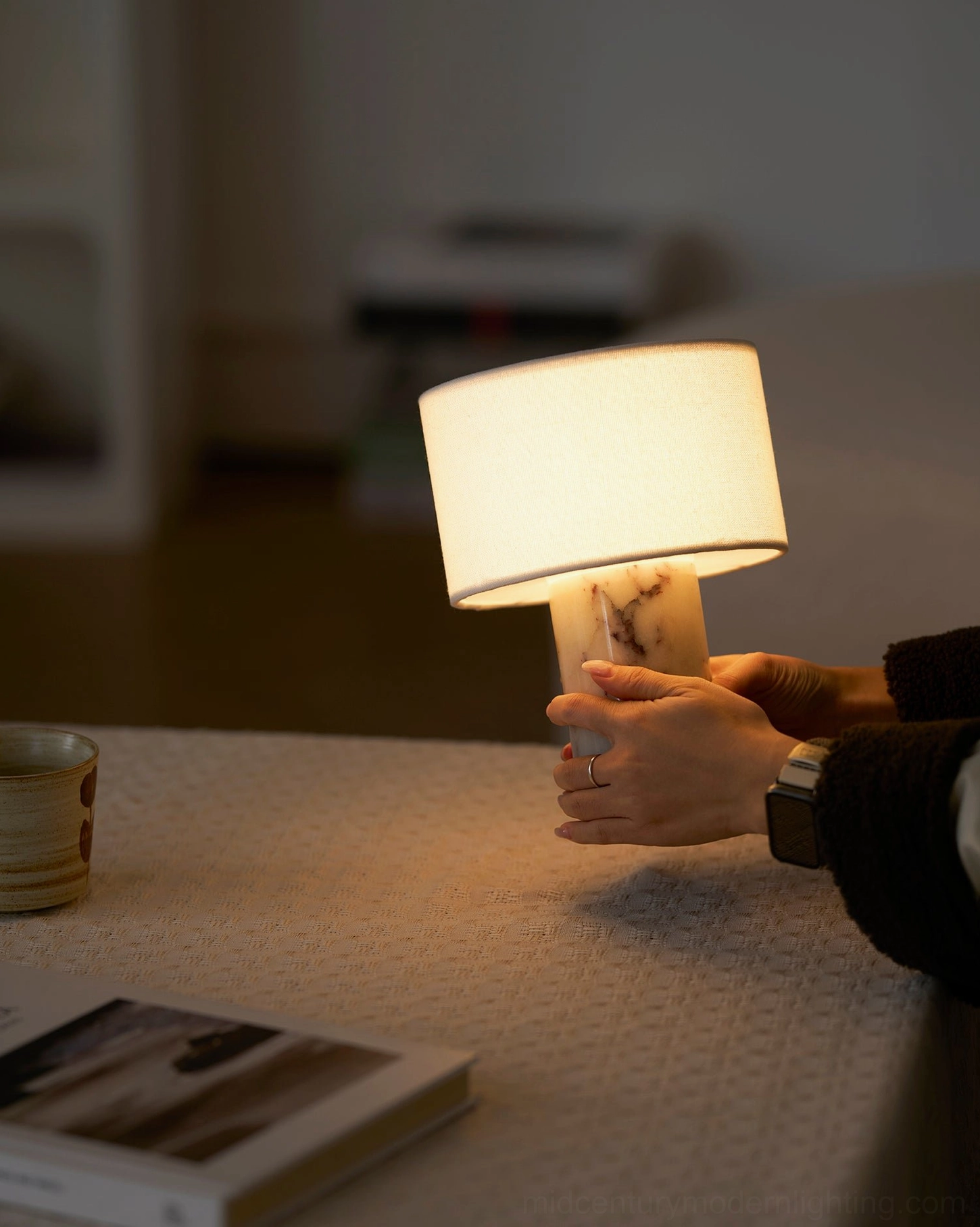 Sediment marble table lamp from above perspective showing shade opening and marble finial