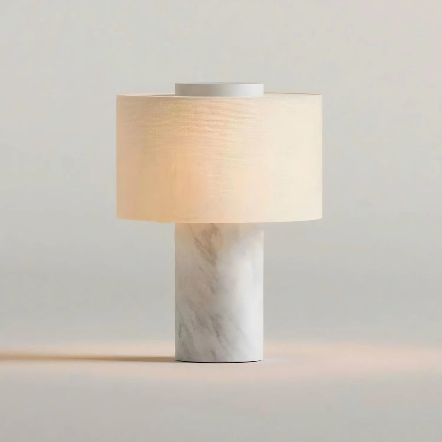 White marble Sediment lamp with pure white linen shade and matching marble finial top