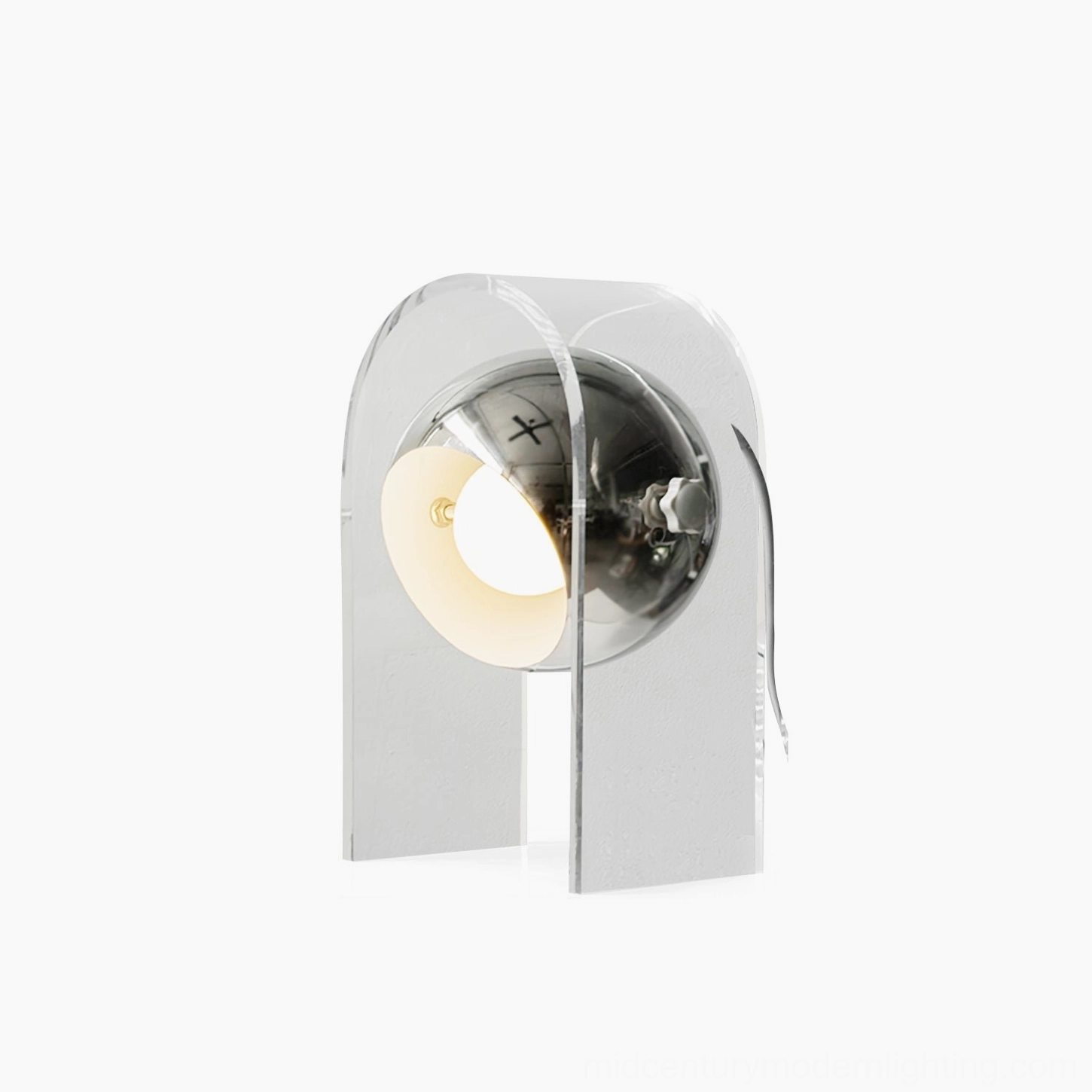Sensorette Touch table lamp with clear acrylic cylinder and chrome base, front view on white background