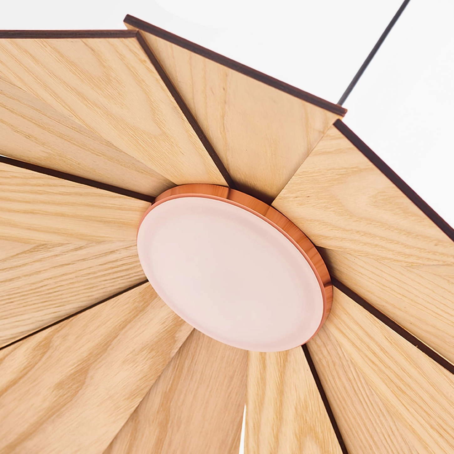 Bottom-up interior view of sepal pendant lamp showing radial wood slats and light diffuser