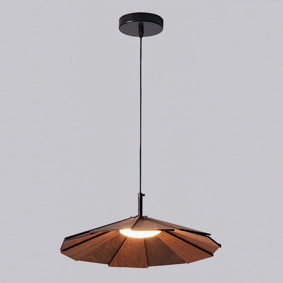 Sepal pendant lamp natural wood tone with cool light option providing modern illumination