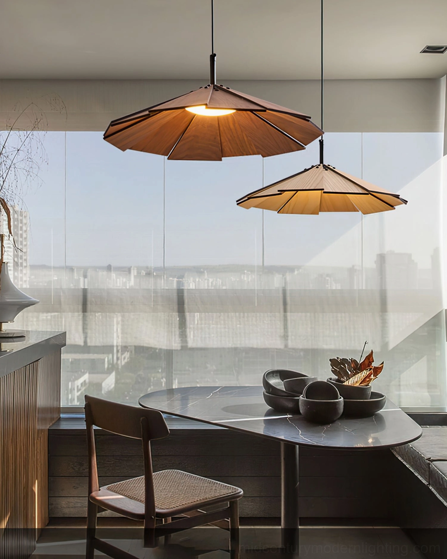 Sepal pendant lamp overhead view showcasing radial wooden construction and circular design