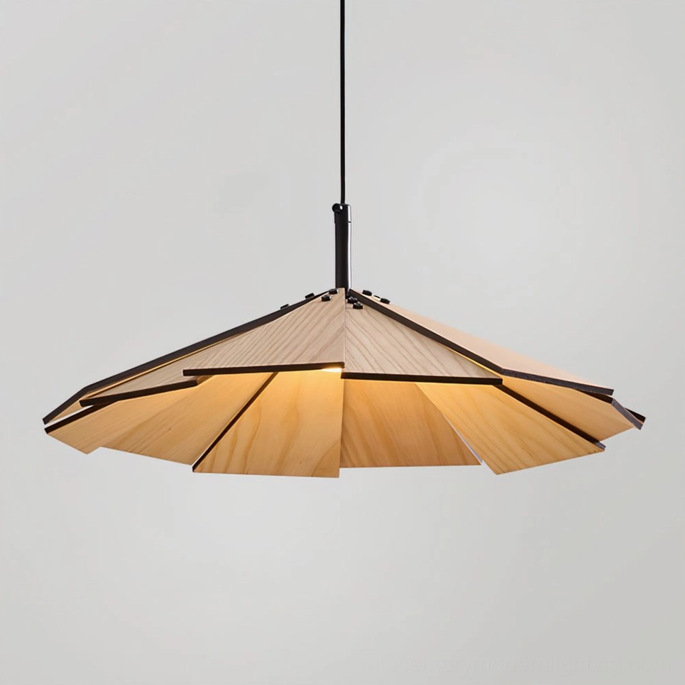 Sepal pendant lamp with warm interior glow showing slatted umbrella shape and light wood finish