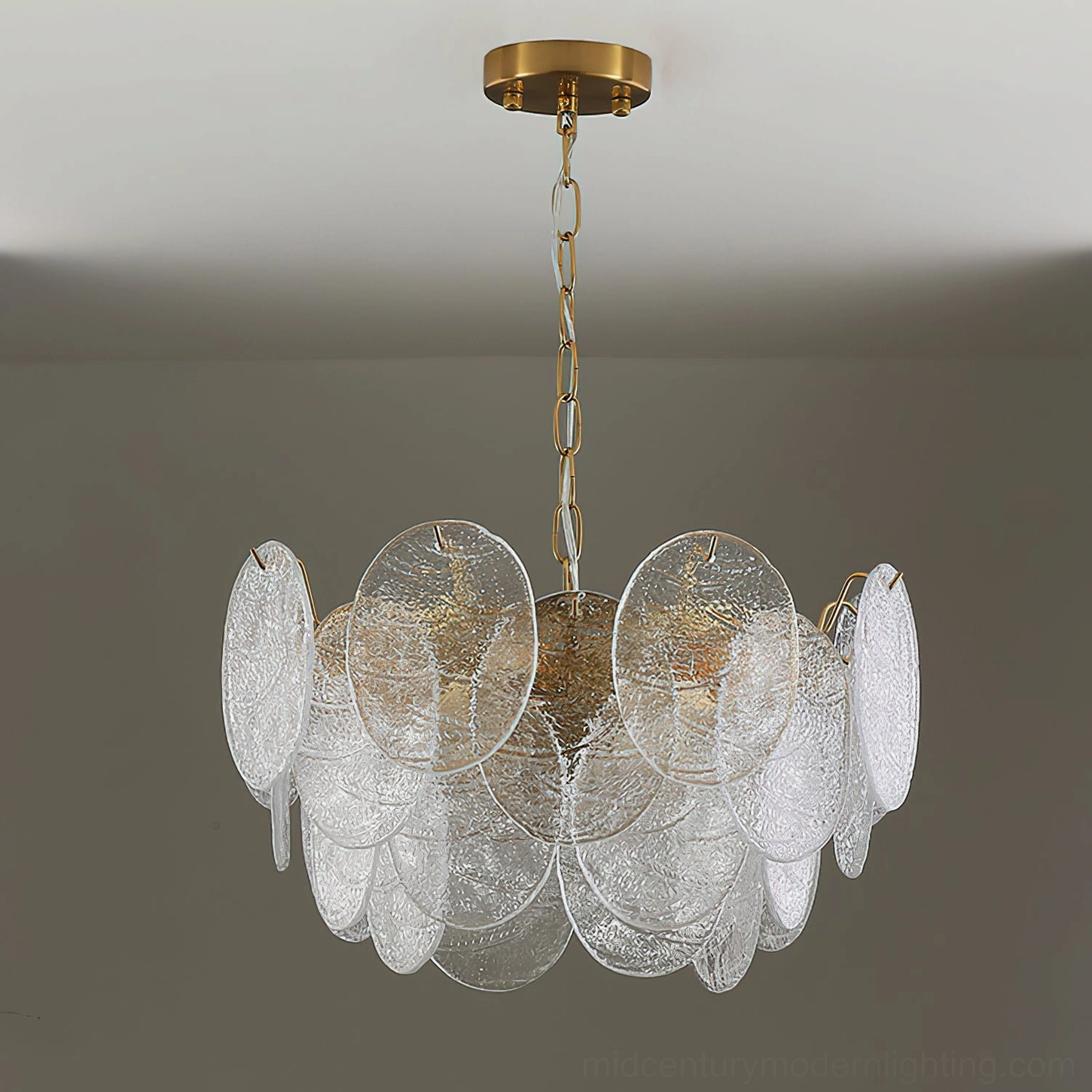 Seraphina Halo Chandelier back view showing suspension chain attachment brass frame structure