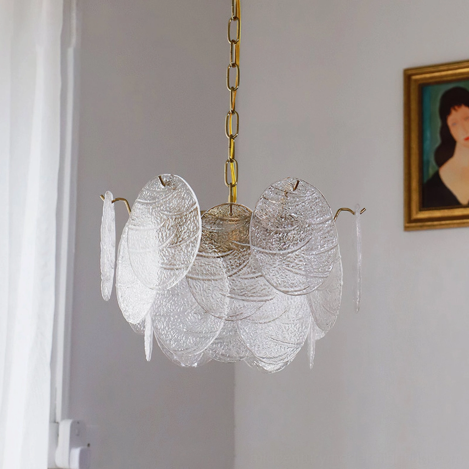 Seraphina Halo Chandelier installed ceiling mount view brass frame suspension chain interior lighting