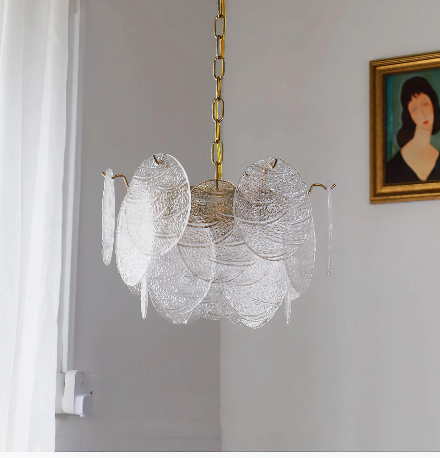 Seraphina Halo Chandelier three-quarter side view clear glass petal shades gold chain neutral wall