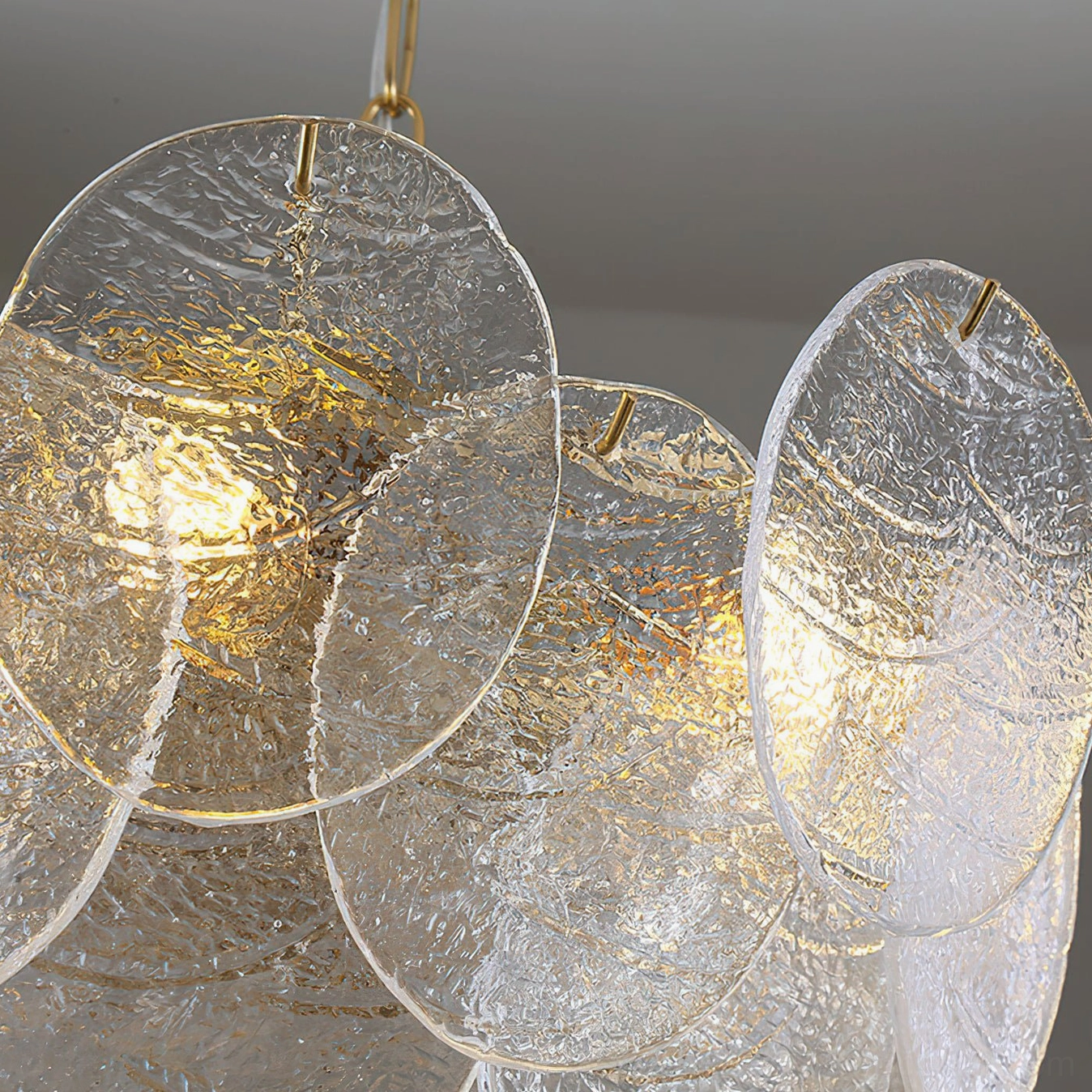Seraphina Halo Chandelier three-quarter angle highlighting glass disc texture refraction properties
