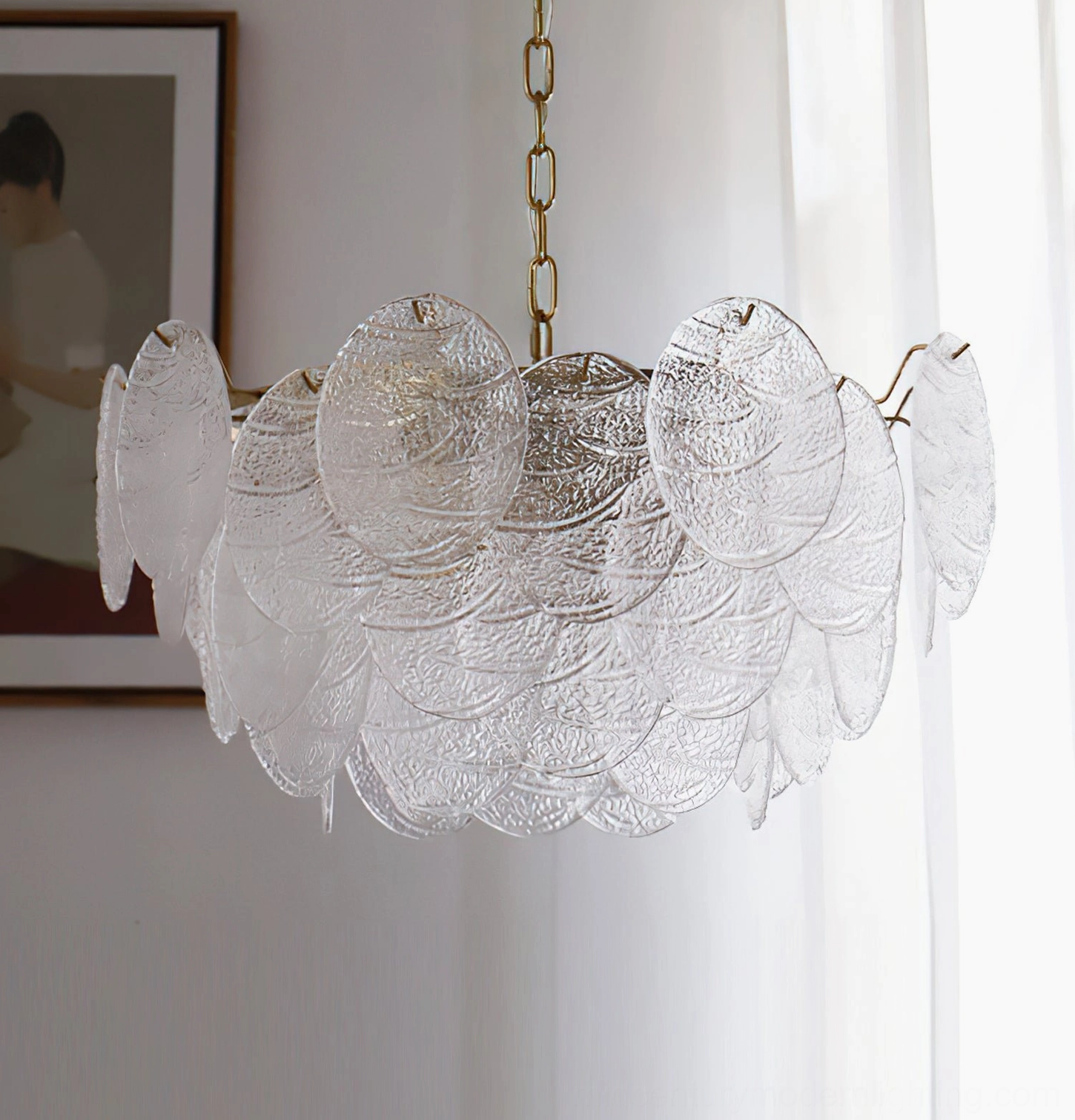 Seraphina Halo Chandelier three-quarter front view frosted layered glass petals gold chain minimalist art