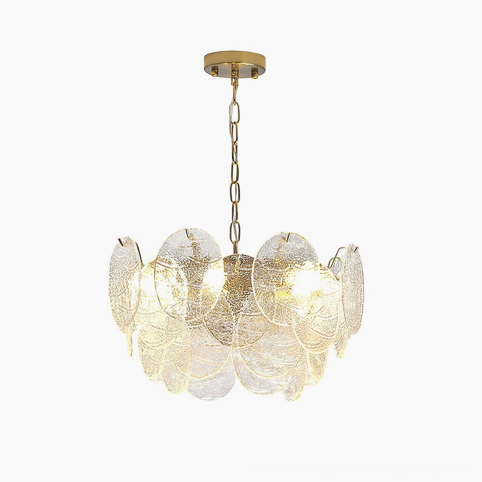 Seraphina Halo Chandelier front view white studio background showing layered textured glass discs and brass frame