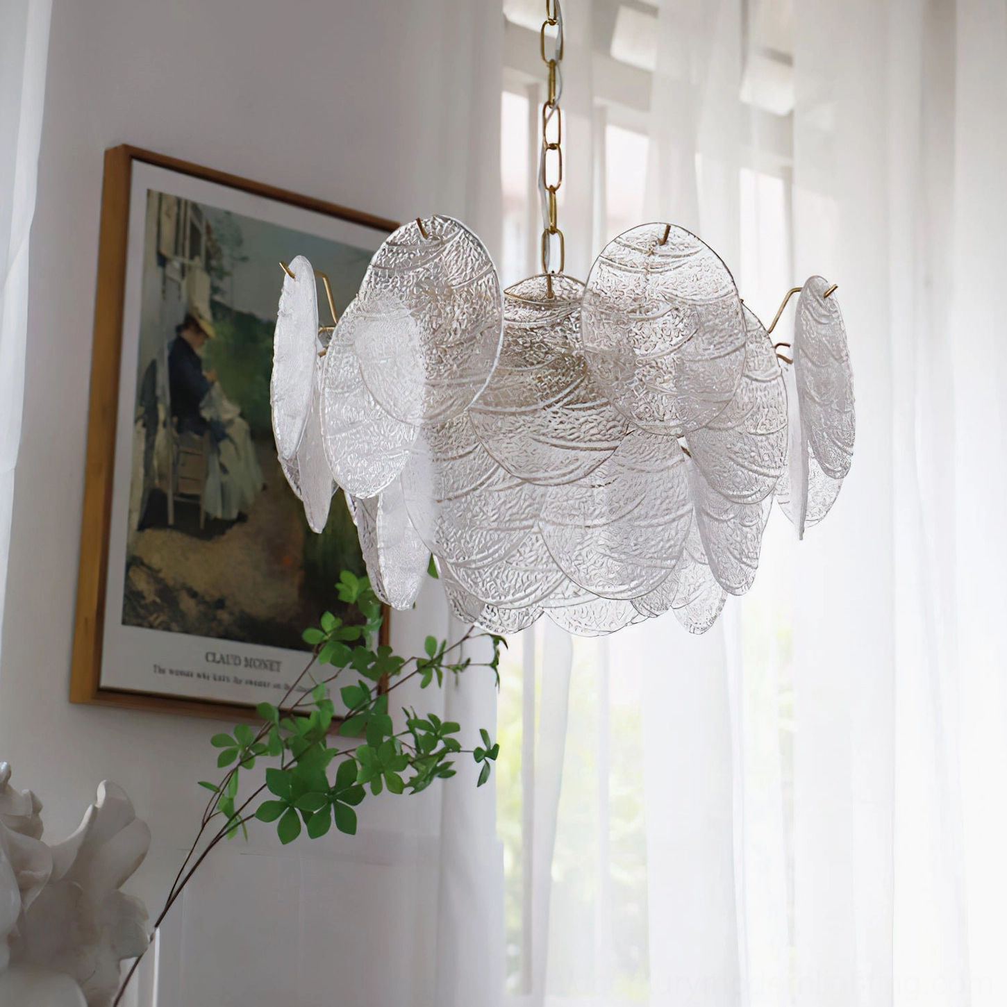 Seraphina Halo Chandelier front three-quarter view matte textured glass shades natural side lighting
