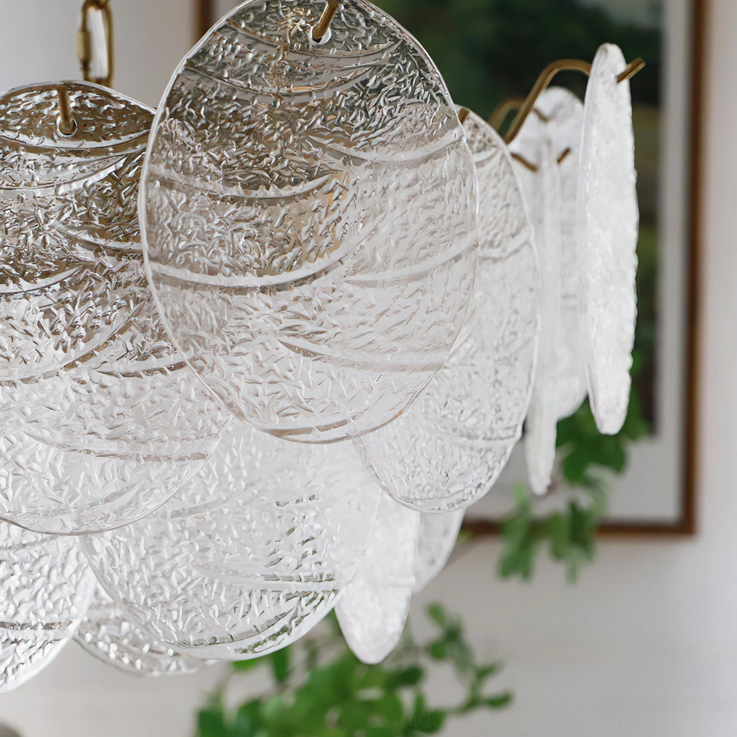 Seraphina Halo Chandelier detailed close-up view textured glass disc pattern refraction light effect