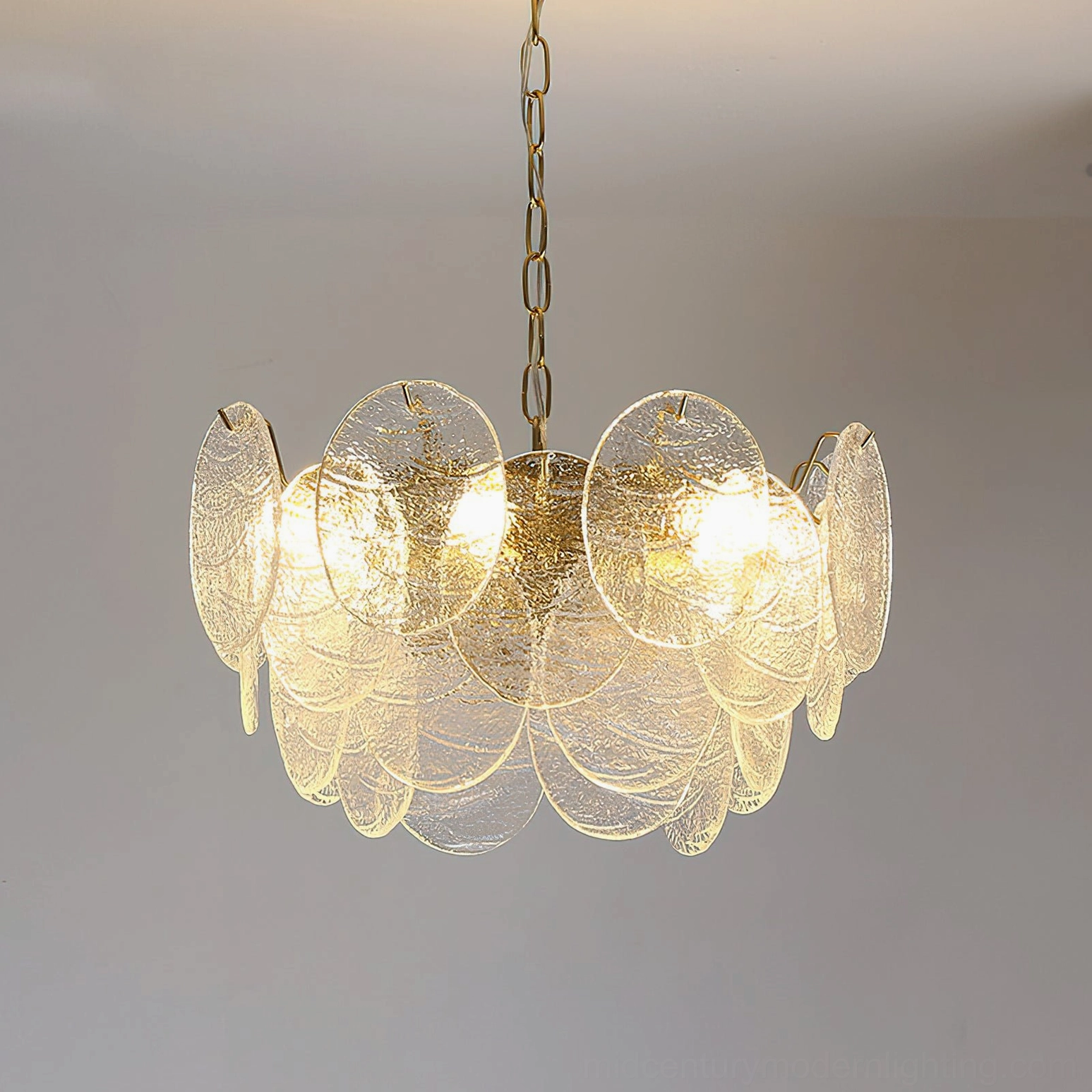 Seraphina Halo Chandelier overhead view showing full halo pattern glass disc arrangement gold finish