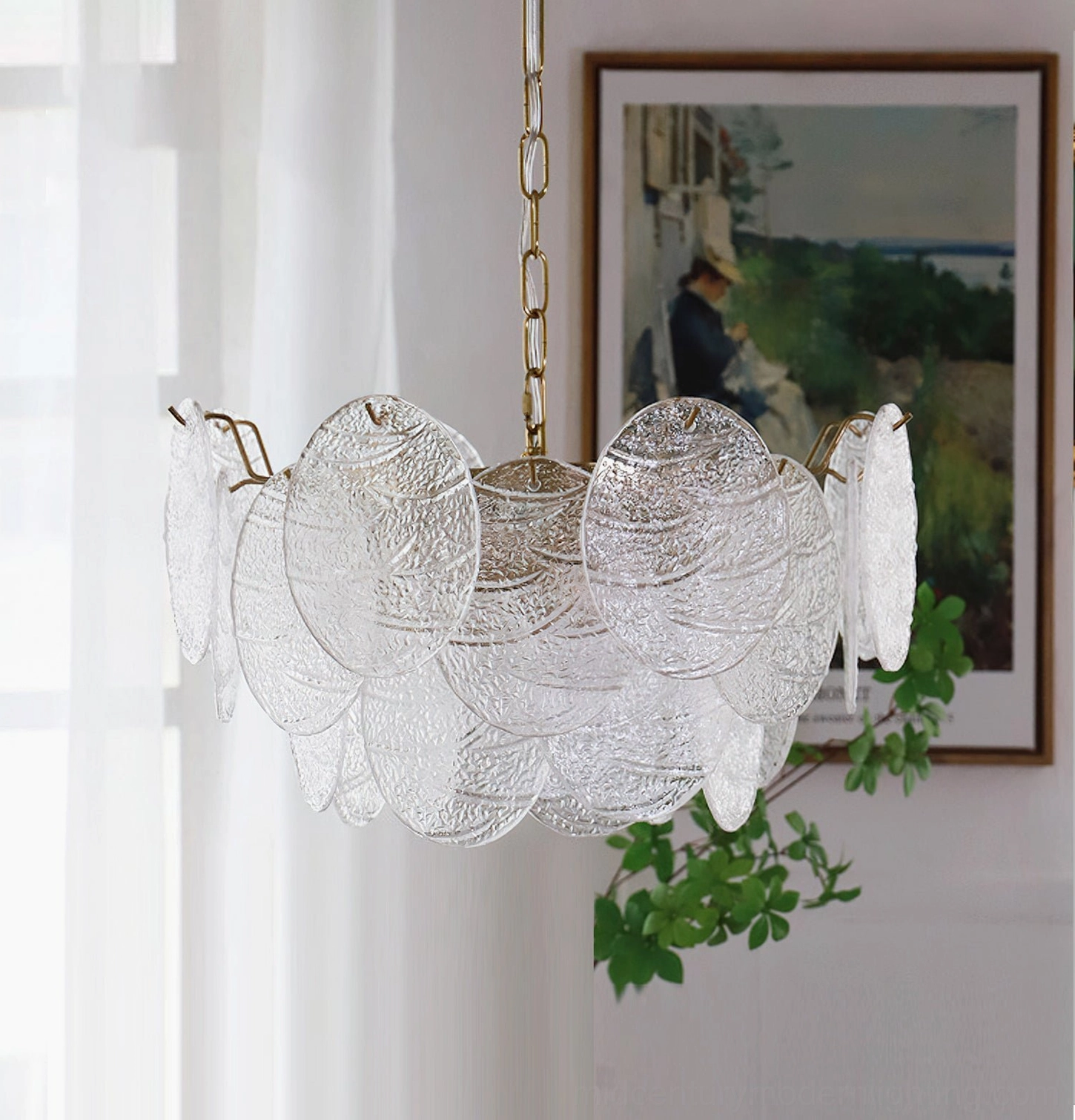 Seraphina Halo Chandelier three-quarter overhead unlit layered glass shades natural daylight gold hardware
