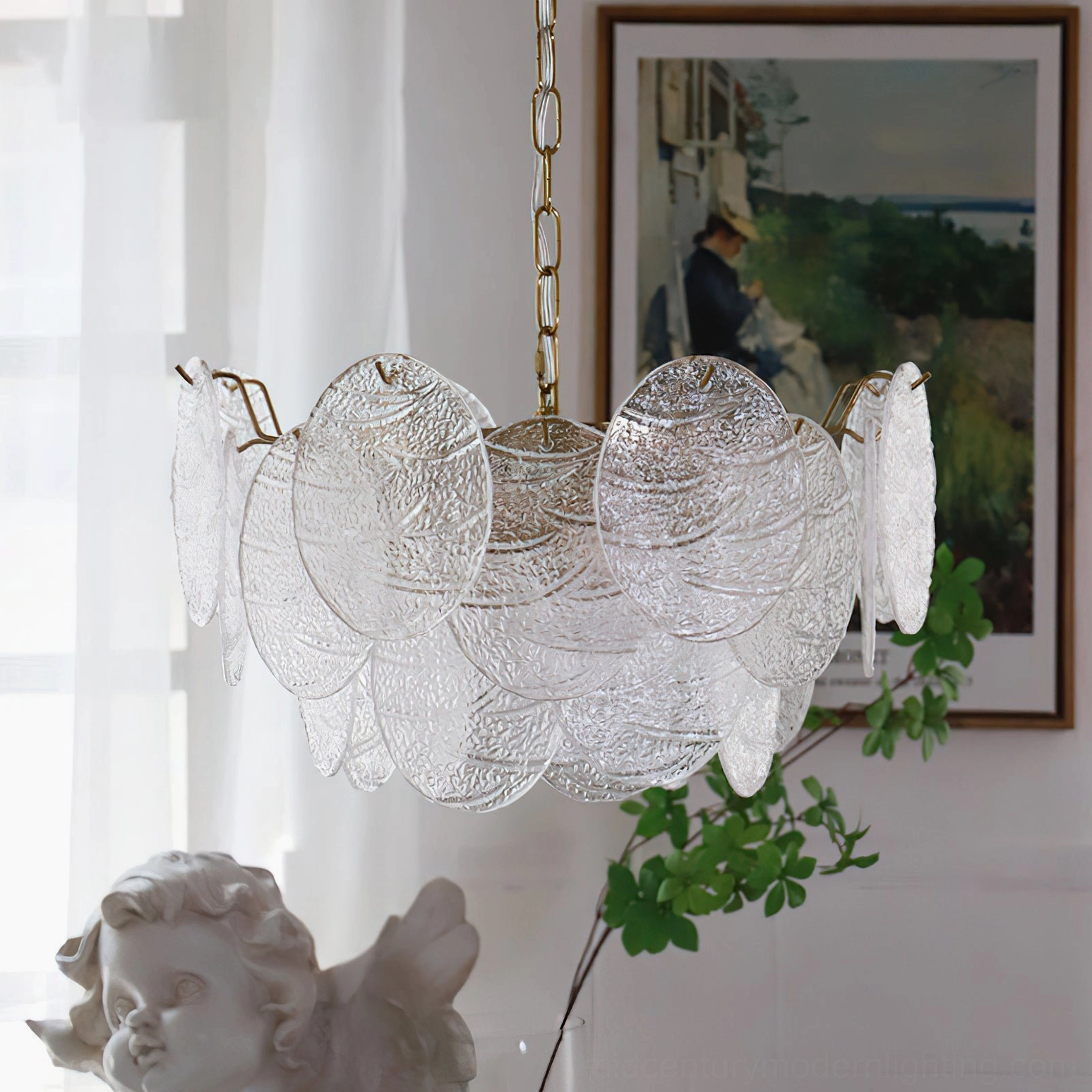 Seraphina Halo Chandelier three-quarter side view unlit textured glass petals brass chain decor art