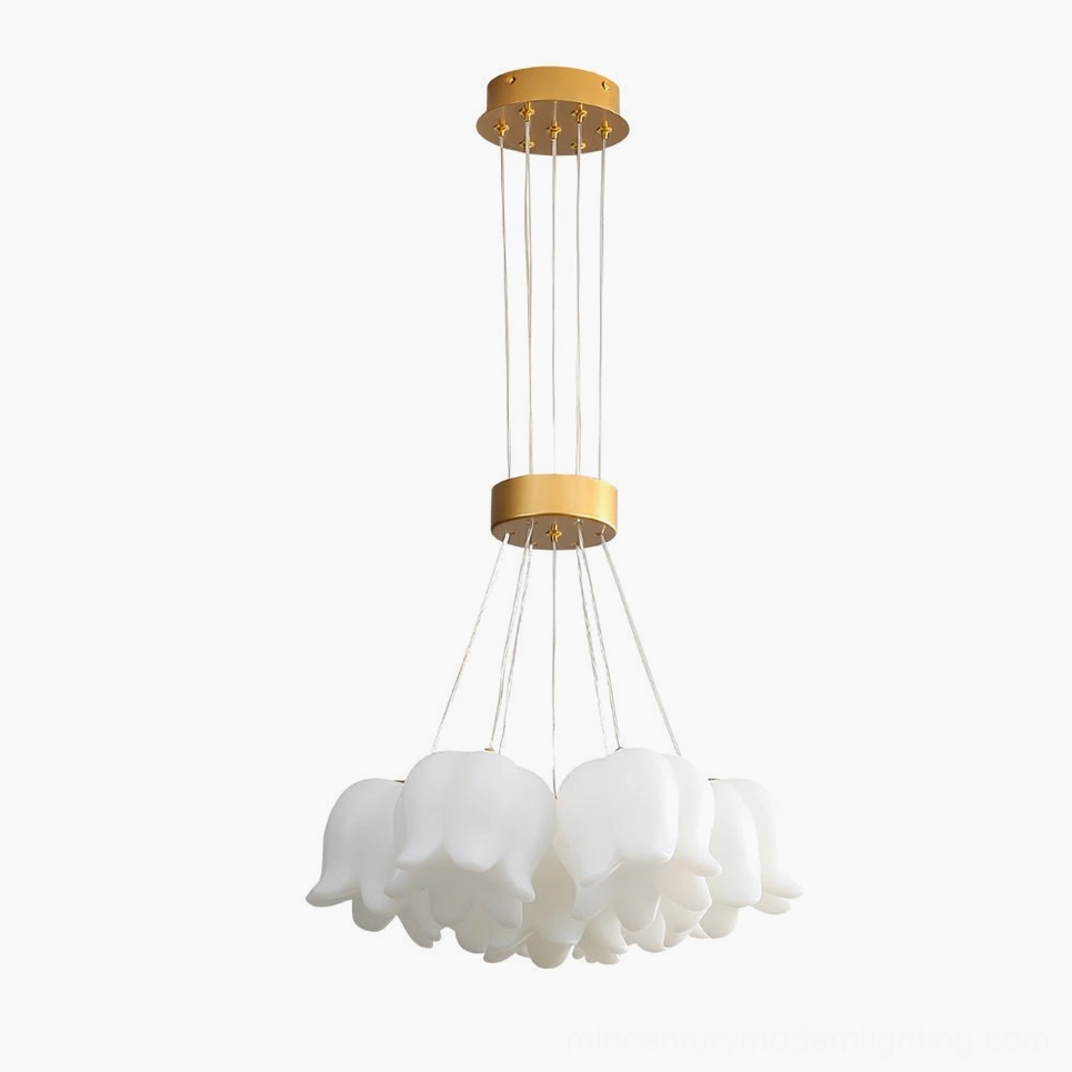 7-head lily of the valley pendant chandelier in gold metal and frosted white finish for mid-sized dining or living areas