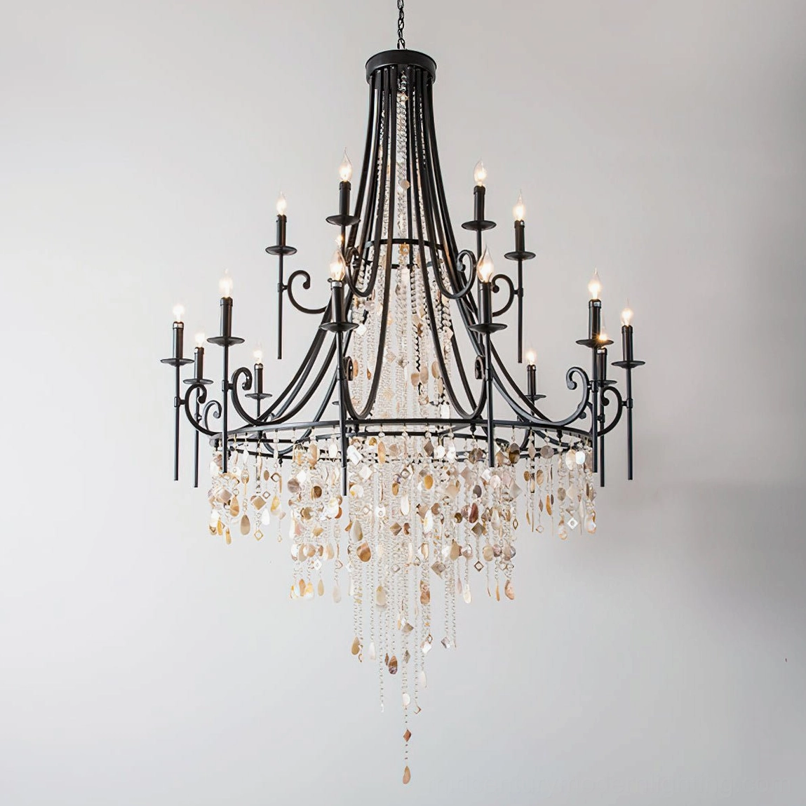Matte black Shell Elegance Chandelier classic luxury design with crystal and shell decorations on white studio background