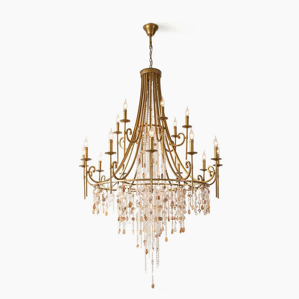 Shell Elegance Chandelier frontal view showcasing brass frame with cascading crystal and shell pendants on white background