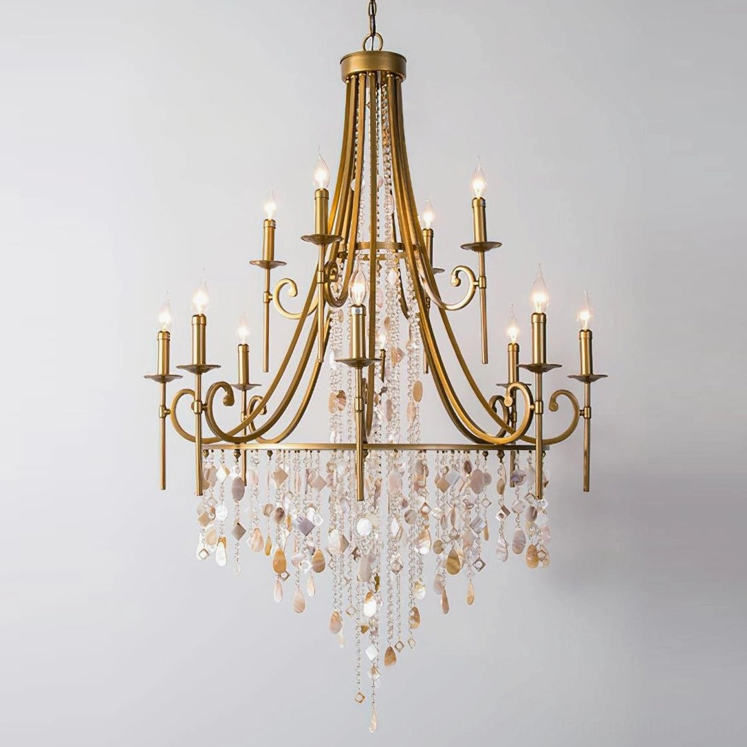 Shell Elegance Chandelier architectural detail view of candle-style light source and brass arm construction