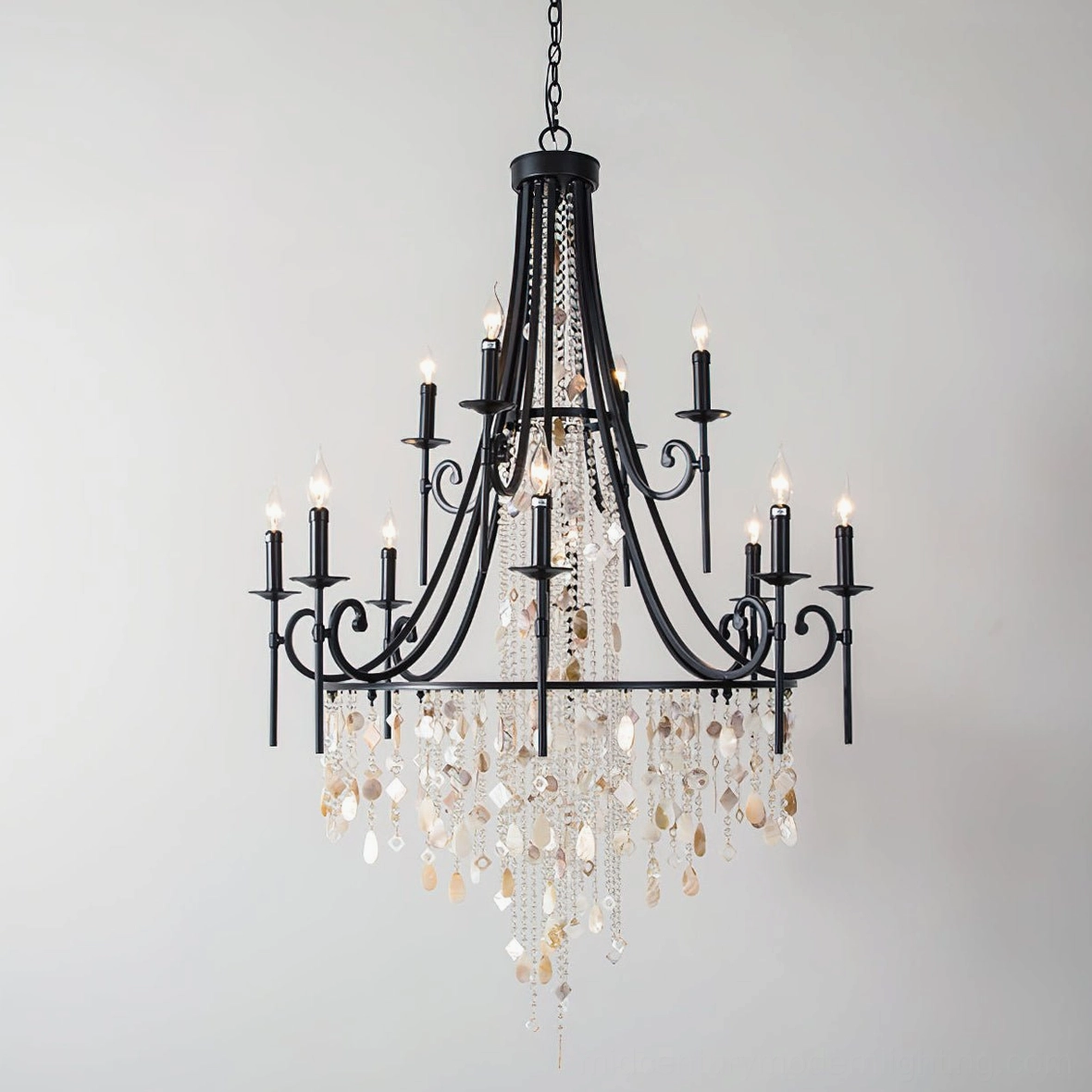 Shell Elegance Chandelier mid-size configuration with natural shell and crystal glass ornamentation detail