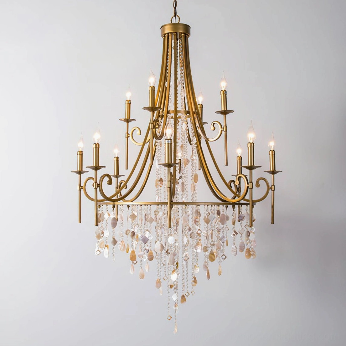 Shell Elegance Chandelier multiple head configuration showcasing brass metalwork and delicate crystal pendant arrangement