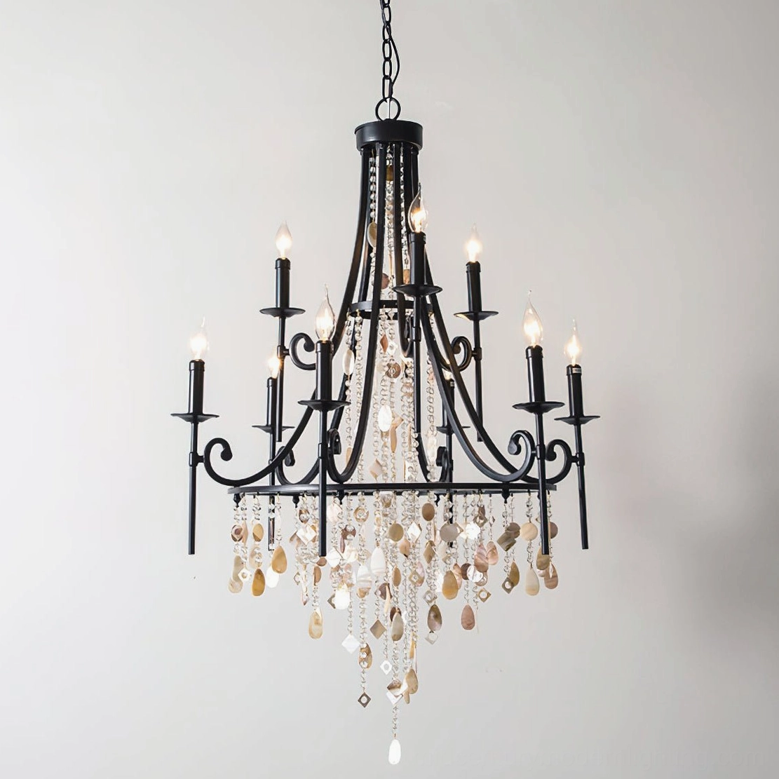 Shell Elegance Chandelier nine-head intimate dining size with illuminated brass frame and crystal shell accents