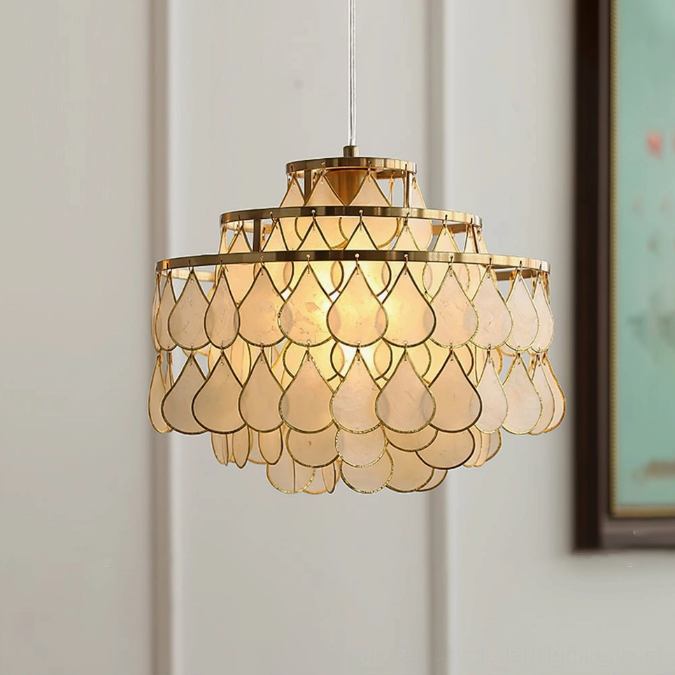 Shell pendant lamp installation in contemporary home, demonstrating versatile styling and ambient lighting capability across design genres