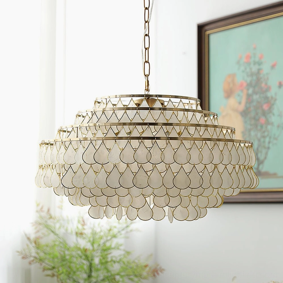 Shell pendant lamp with brushed gold metal frame and matte white genuine shell shade, product overview showing design details and proportions